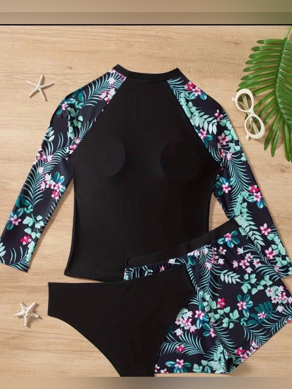 🆕 Floral Long Sleeve Rash Guard Set - Black with Teal & Pink Print